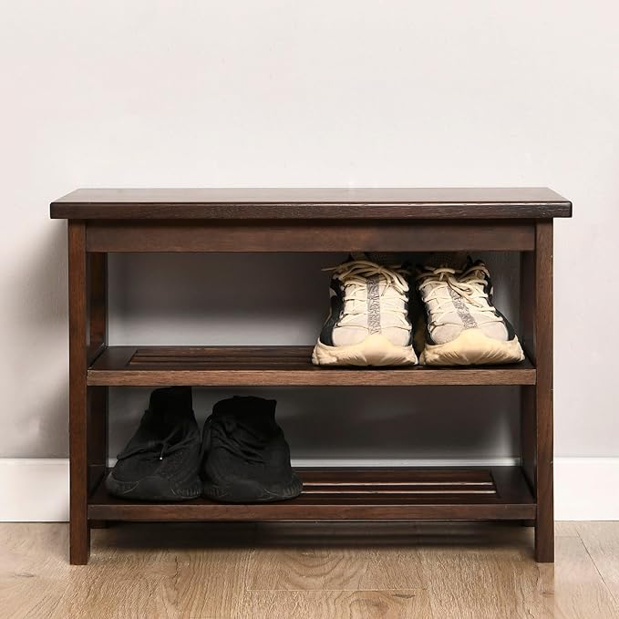 CONSDAN Wood Shoe Bench Rack, USA Grown Hickory, Entryway Bench with Shoe Storage, Mud Room Bathroom, Front Door, Outdoor/Indoor, Dark Walnut(Black)