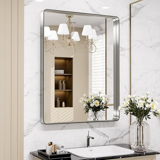 LOAAO 28X36 Inch Brushed Nickel Bathroom Mirror, Rounded Rectangle Silver Metal Frame Mirror, Brushed Nickel, Anti-Rust, Shatter Proof, Hangs Horizontally or Vertically