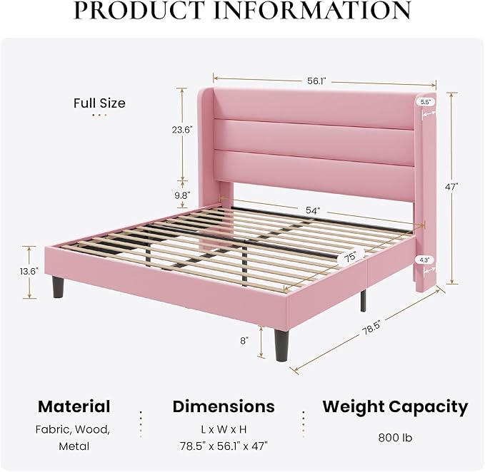 SHA CERLIN Full Size Velvet Bed Frame/Vertical Channel Tufted Wingback Headboard/Upholstered Platform Bed with Wooden Slats/Mattress Foundation/No Box Spring Needed/Easy Assembly/Pink