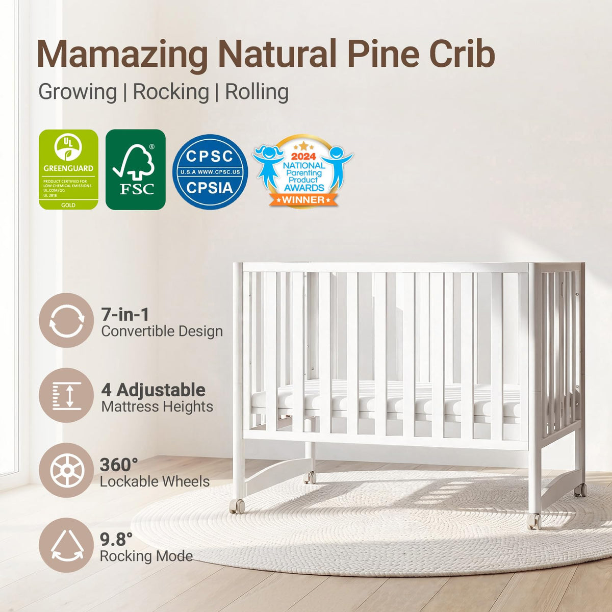 MAMAZING EvoNook 7-in-1 Convertible Baby Mini Crib with Wheels