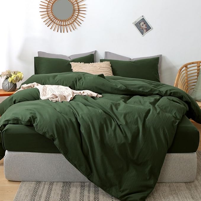 MooMee Bedding Duvet Cover Set 100% Washed Cotton Linen Like Textured Breathable Durable Soft Comfy (Solid Forest Green, Alaska King 132"x120")