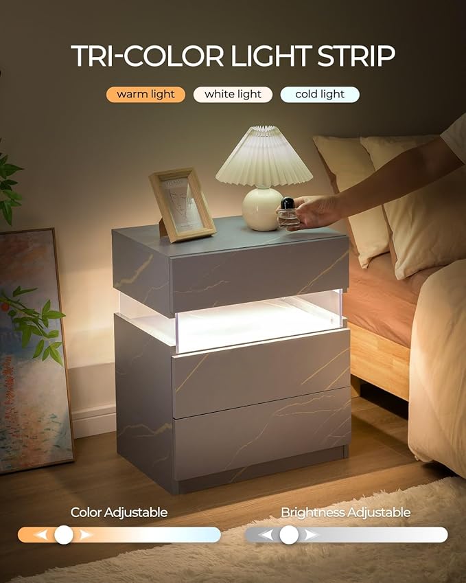 Bingoday LED Nightstands LED Bedside Tables with 3 Drawers Night Stand with Acrylic Board Modern LED Nightstand