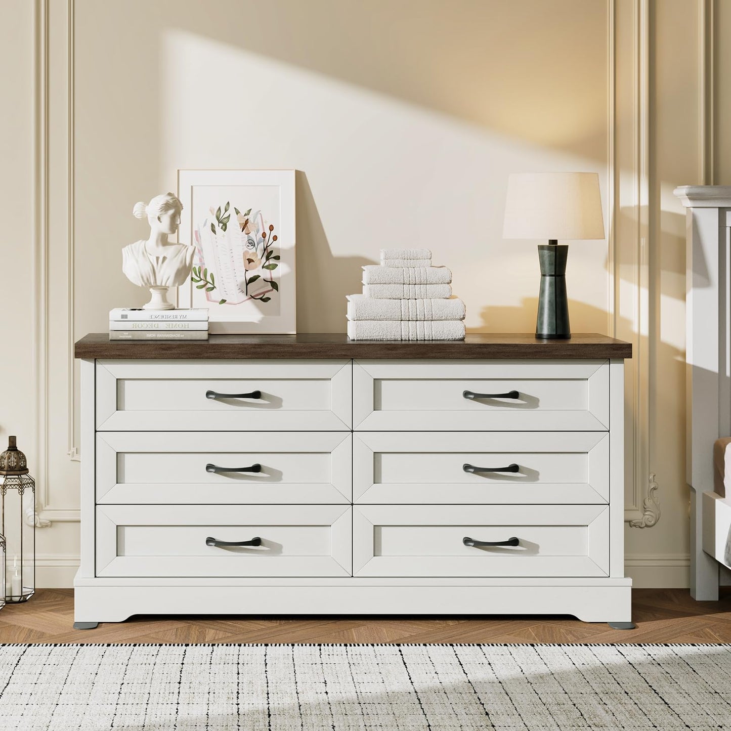 AODK Farmhouse 6 Drawer Dresser for Bedroom, White 59" Wide Engineered Wooden Chest of Drawers with Thick Board, Metal Handles, Modern Storage Cabinet for Living Room, Entryway, Walnut Top