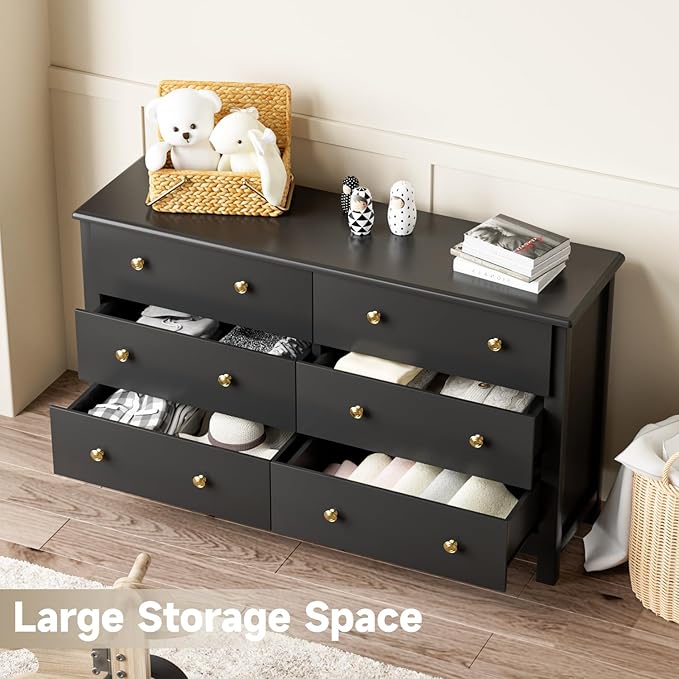 Black Dresser for Bedroom, Dressers & Chests of Drawers with Large Drawer, Wooden Double Dresser for Bedroom, Closet