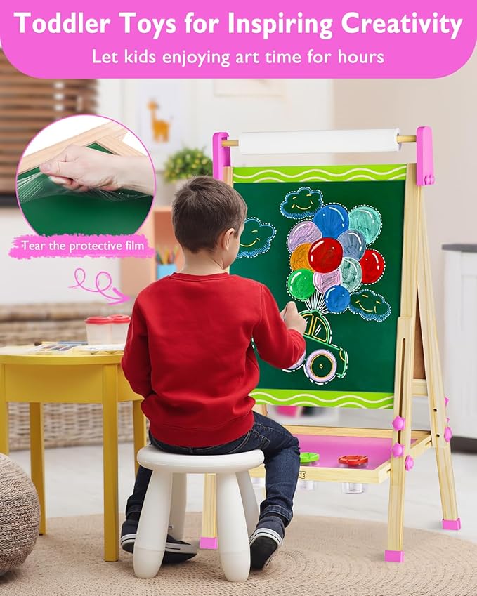 Easel for Kids,Toddler Art Easel Toys for Ages 2-4 5-7,Toys 2 3 4 5 6 7 8 9 Year Old Girl Gifts,Wooden Double-Sided Magnetic Dry Erase Whiteboard and Chalk Board with Paper Roll,Boy Girl Birthday Gift