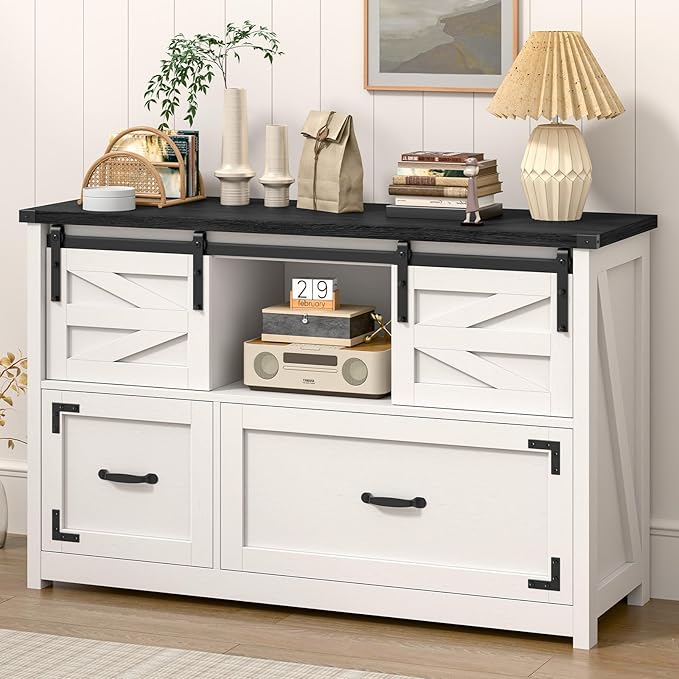 Lateral File Cabinets 2 Drawer with Sliding Barn Doors, Farmhouse Filing Cabinet with 2 Drawer for Home Office，Filing Organization Storage Cabinets for Hanging Files Letter/Legal/F4/A4.(Black.)