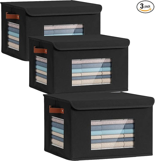 Storage Bins for Clothes, 40L Large Collapsible Stackable Closet Organizer Containers, Storage Boxes with Lids,Storage Cube Basket, Clear Windows & PU Leather Handles, Pack of 3, 17x12x12 Inch