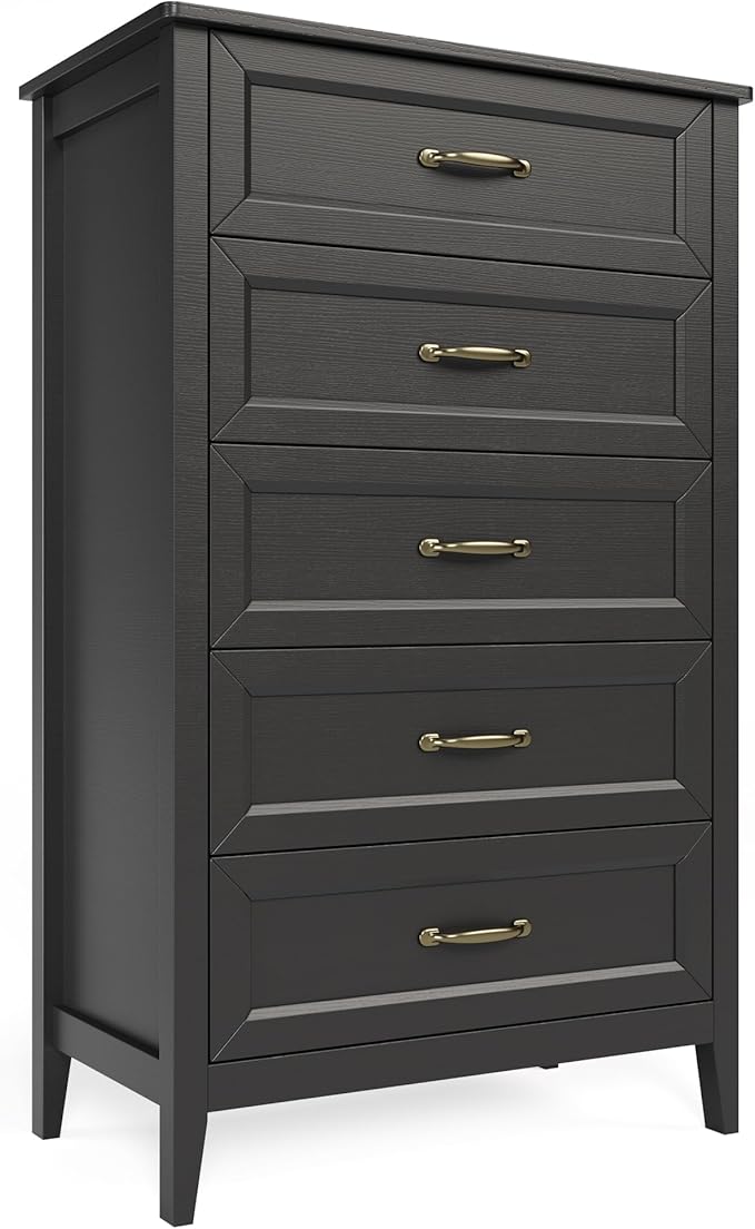 Gizoon 5 Drawer Dresser, 44.8" H Dresser for Bedroom, Wood Chest of Drawers, Storage Cabinet, Smooth Rail, Metal Handles, Anti-tip Device, for Living Room, Hallway, Black