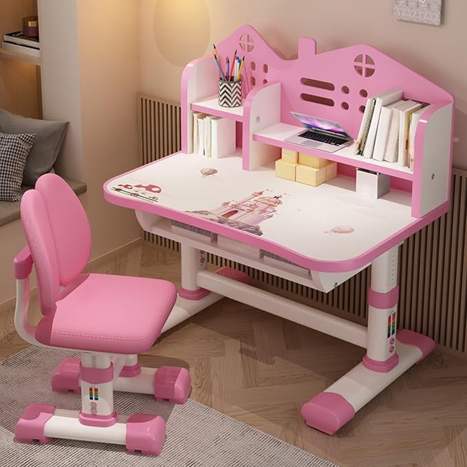 Small Standing Desk and Chair Set - Widened Desktop With Multi Separation Cartoon Pattern, Kids Adjustable Height Study Table With Drawer (Pink)