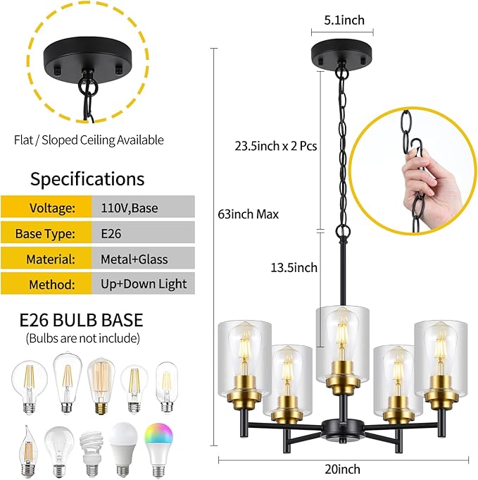 9MMML 5 Lights Glass Chandelier,Modern Kitchen Island Lighting Black and Gold Metal Dining Room Light Fixture for Living Room Foyer,E26