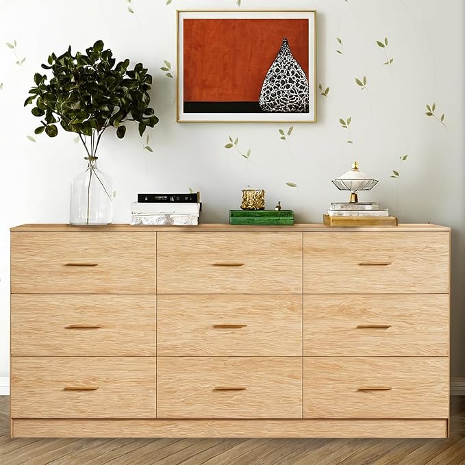9 Drawer Dresser for Bedroom,63'' Long Dresser with Deep Drawer,Modern Wood Chest of Drawer, Bedroom Storage Furniture,TV Stand for Living Room