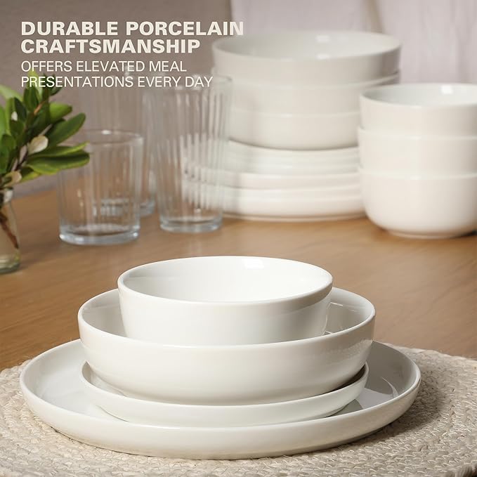 Gibson Home Oslo Porcelain Chip and Scratch Resistant Dinnerware Set, Service for 4 (16pcs), Plates and Bowls Dishes Sets, White