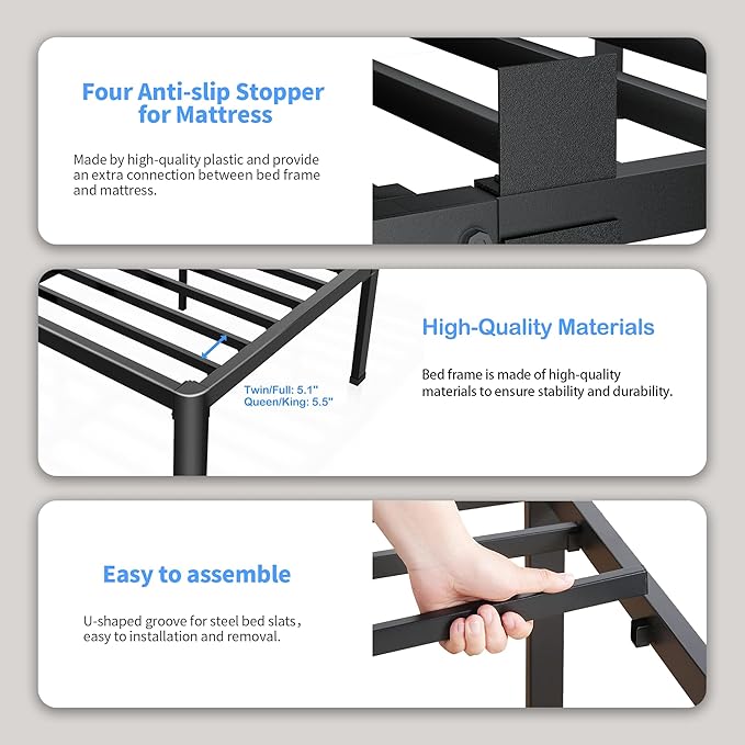 ROIL 18 Inch King Bed Frame with Rounded Corner and Headboard Hole Mattress Retainers 3500LBS Metal Heavy Duty Steel Slats No Box Spring Needed Platform Noise-Free Easy Assembly