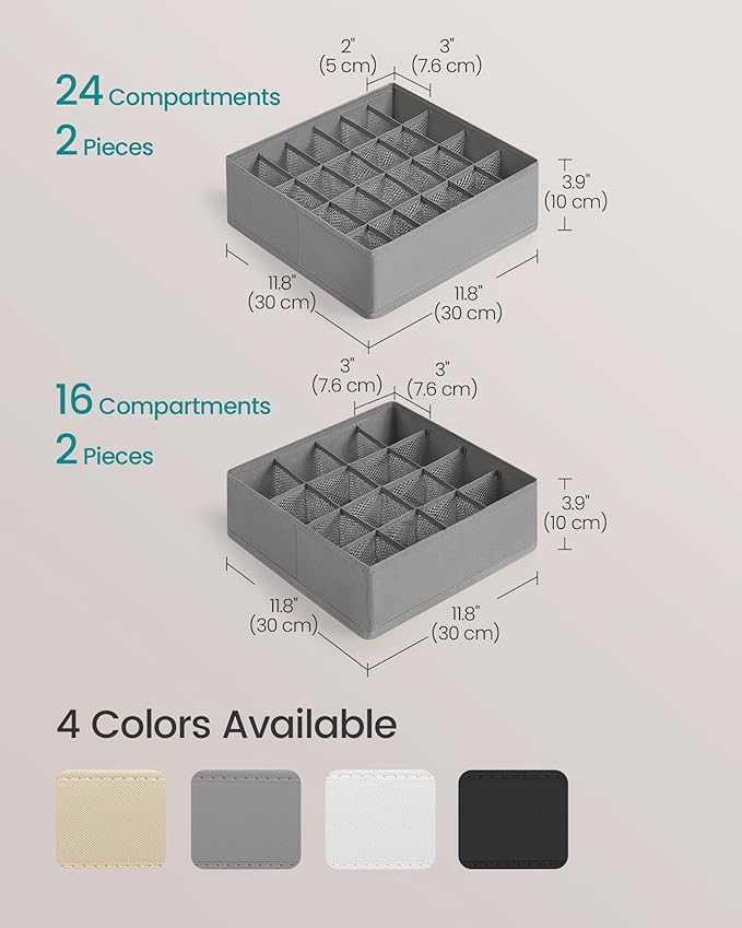 SONGMICS Set of 4 Underwear Organizers, Drawer Organizers, Dresser Closet Storage, 80 Cells (2x16+2x24), Foldable Dividers, 11.8 x 11.8 x 3.9 Inches, for Socks, Ties, Belts, Dove Gray URUS011G01
