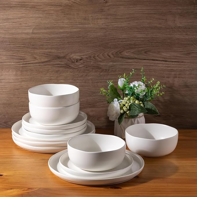 LERATIO Ceramic Dinnerware Sets for 6,Plates and Bowls Sets,Handmade Reactive Glaze Dishes Set,Chip Resistant and Scratch Resistant | Oven&Dishwasher & Microwave Safe- White &Wave(18PCS)