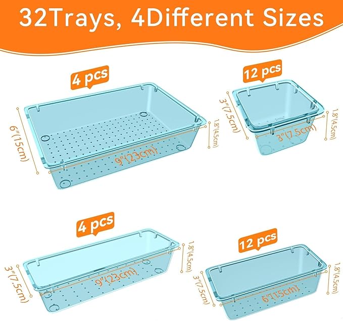 WOWBOX 32 PCS Plastic Drawer Organizer Set, 4 Sizes Desk Drawer Organization and Storage Containers for Makeup, Cosmetics, Jewelry and Gadgets in Kitchen, Bathroom, Bedroom, Office, Clear Sea Blue