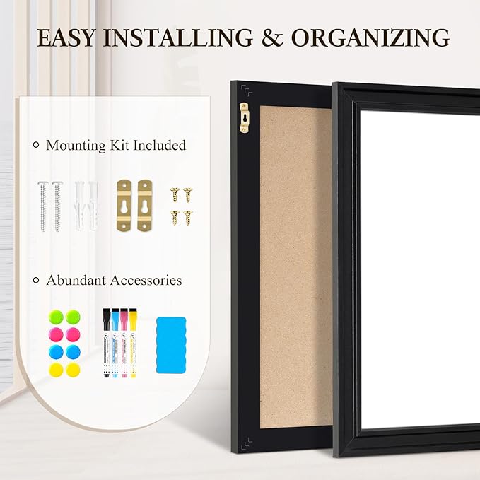 4 THOUGHT Dry Erase Board, 24 x 36 in Magnetic Whiteboard Black Vintage Wood Frame Wall-Mounted White Board Decorative Notice Board for School, Office, Home, Kitchen with 6 Magnets 4 Markers 1 Eraser