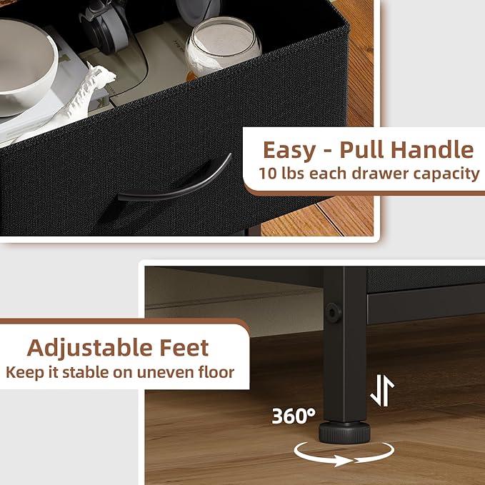 Somdot Black Nightstand, Small Dresser for Bedroom with 2 Drawers, Bedside Table Night Stand End Table with Fabric Bins for Bedroom Kids Closet Dorm Guest Room, Black Rustic Brown