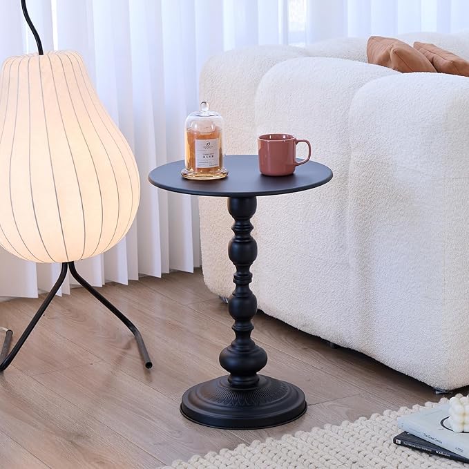 Elegant Vintage Round Side Table with Roman Columns - Sturdy Metal Design, Perfect as a Coffee, End, Tea, or Leisure Table for Living Room and Bedroom Decor, (Black 1 Pack)