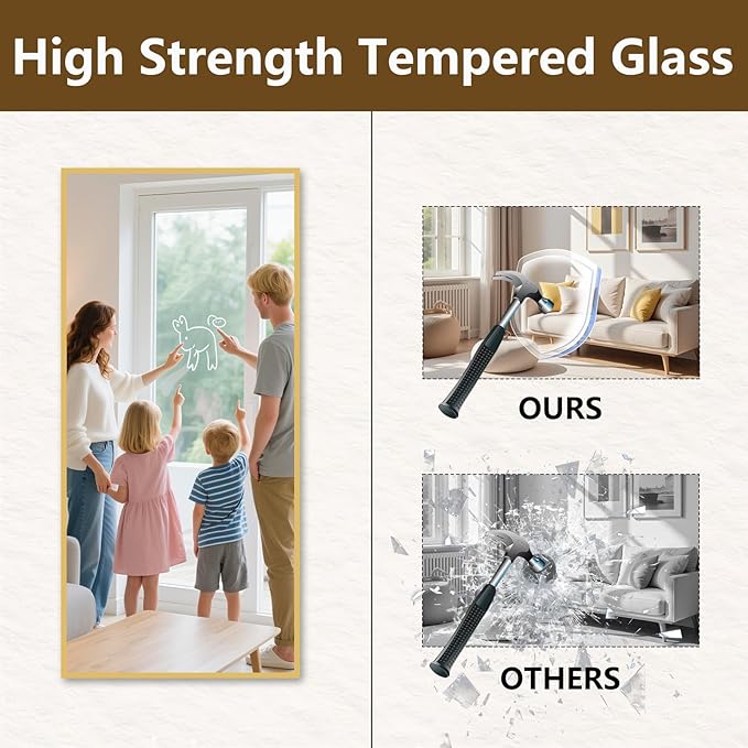 Koonmi Large Mirrors, 71"x26" Full Length Mirror with Stand, Full Body Mirror with Aluminum Alloy Frame, Hanging or Leaning Against Wall Floor Standing Mirrors for Bedroom Living Room, Gold
