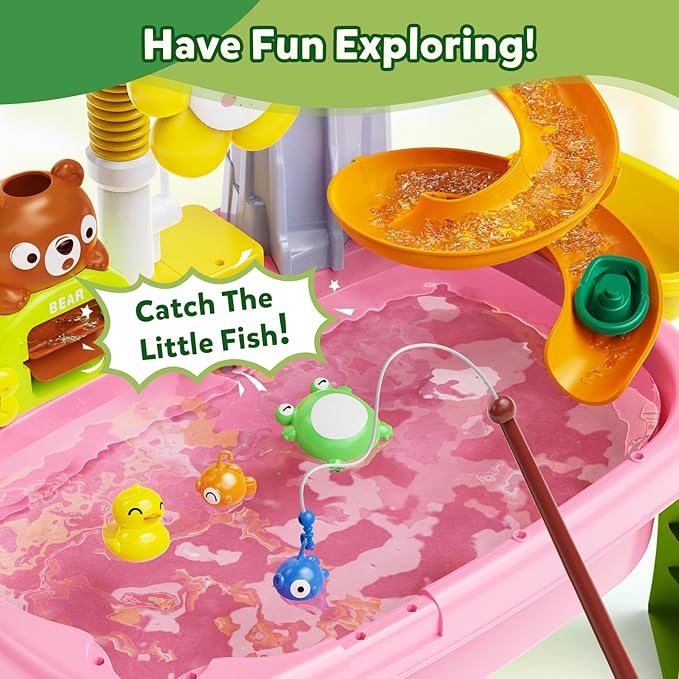 Toddler Water Table, Kids 4-8 Years Water Table with Pump, Sensory Table with Toy Vegetables, Dinnerware and Fishing Game, Outdoor Toys Summer Beach, for 3 4 5 6 7 8