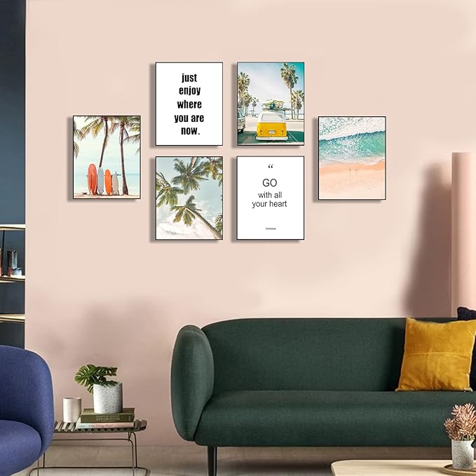 HoozGee Beach Wall Art Prints Set of 6 Summer Seascape Palm Poster Wall Decor Nature Landscape Coastal Surf Art Prints Pictures Photography Photos Print on Canvas Wall Decor (11"x14" UNFRAMED)