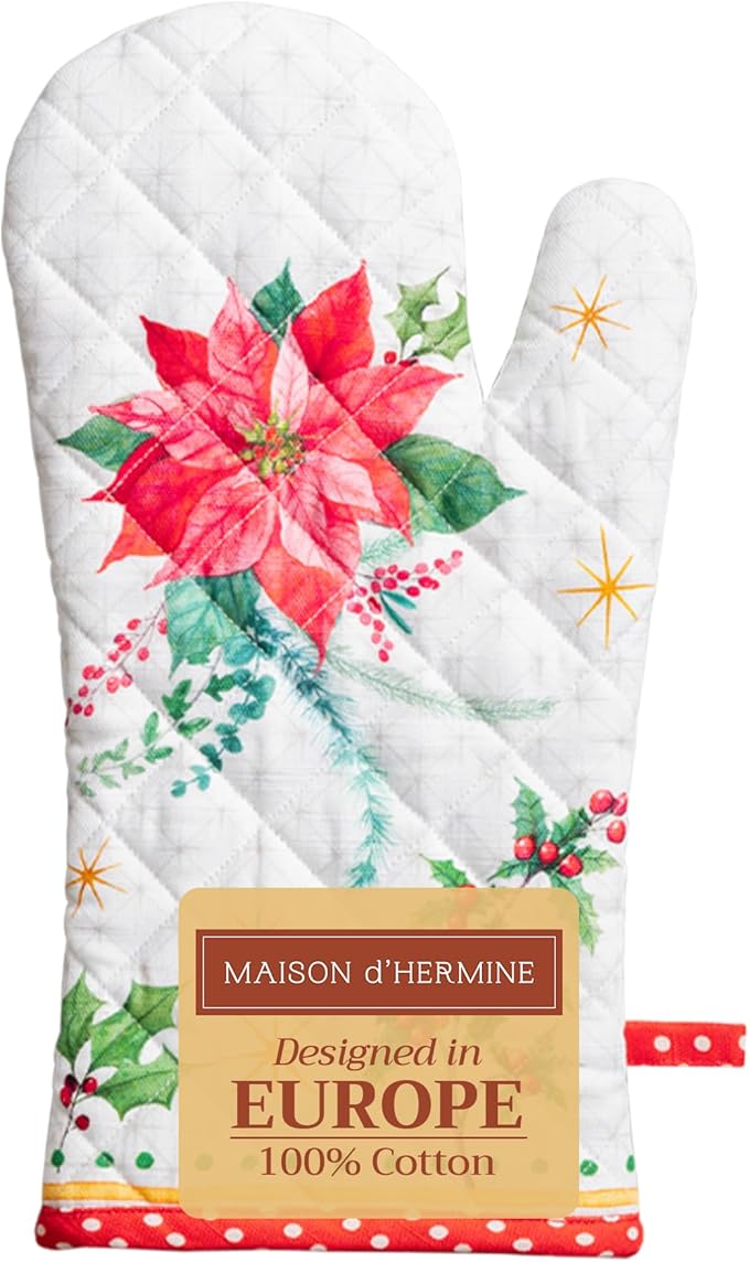 Maison d' Hermine Oven Gloves 100% Cotton Oven Mitt 7" x 13" with Loop Heat Resistant Cooking Gloves for Thanksgiving Christmas Decorations Baking Handling Hot Pans (Pack of 1, Poinsettia Christmas)