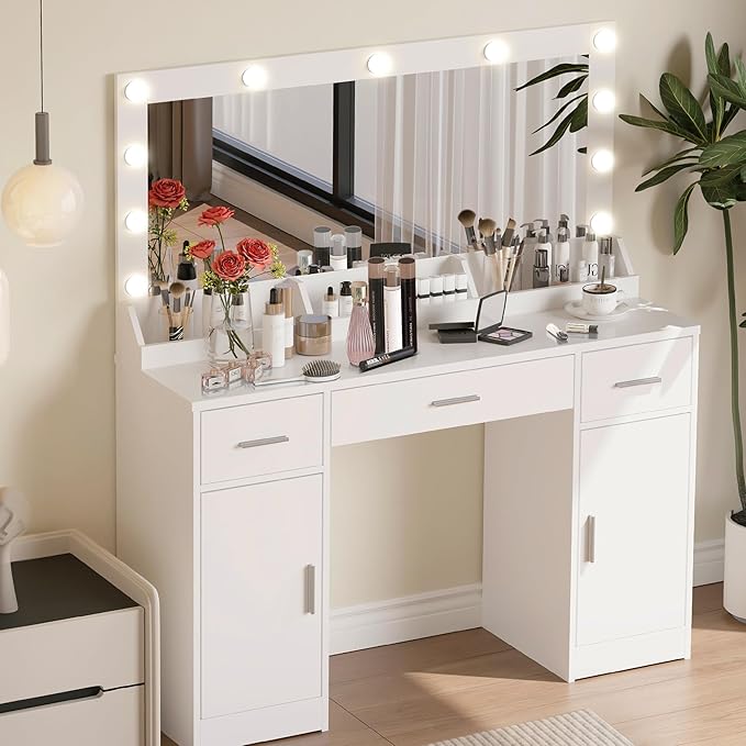 MIRROTOWEL 47.5” Vanity Desk with Large Mirror, 3 Colour Lighting Modes, Adjustable Brightness, Dresser with 3 Drawers & 2 Vertical Cabinets, Makeup Vanity Table for Women Girls
