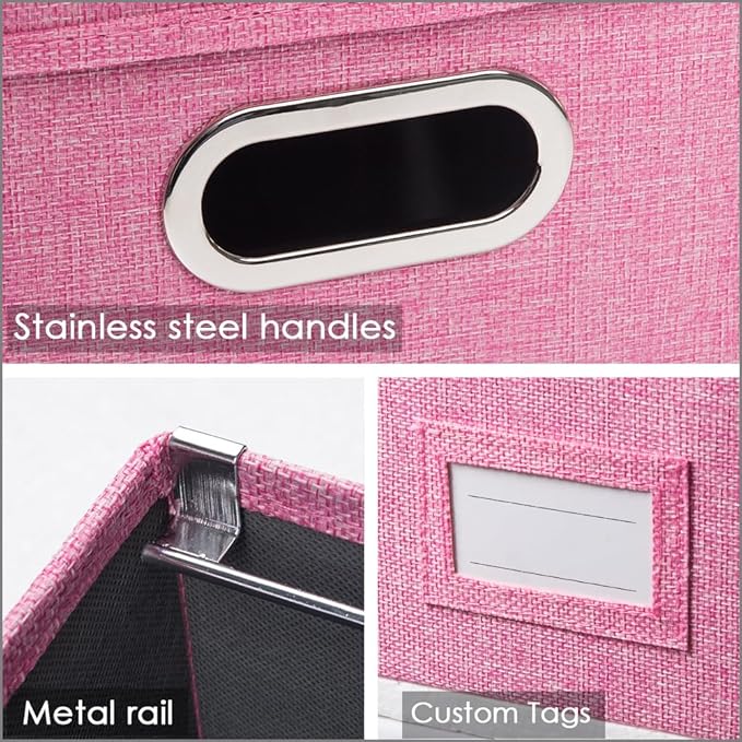 PRANDOM File Organizer Box - Set of 2 Collapsible Decorative Linen Filing Storage Hanging File Folders with Lids Office Cabinet Letter Size Pink (14x9.3x10.8 inch)