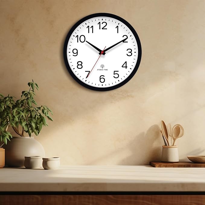 AKCISOT Atomic 10 Inch Wall Clock Analog Clocks for Indoor Kitchen, Battery Operated Clock for Bedroom Office Classroom Living Room(Black)