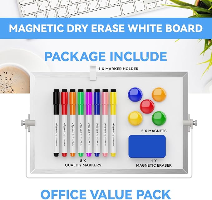Dry Erase White Board, Cazeyoo Magnetic Desktop Whiteboard 8 x 12inch with Stand, 8 Markers, 4 Magnets and 1 Eraser, Portable Double-Sided White Board for Kids Drawing, Office, Home, School