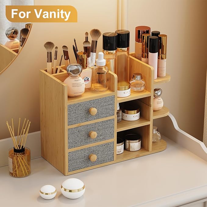 Makeup Organizer Countertop With Brush Holder For Vanity, Large Bamboo Bathroom Counter Organizers And Storage,Cosmetic Skincare Perfume Organizer With 3 Makeup Brush Holder/3 Drawer/7 Storage Shelves