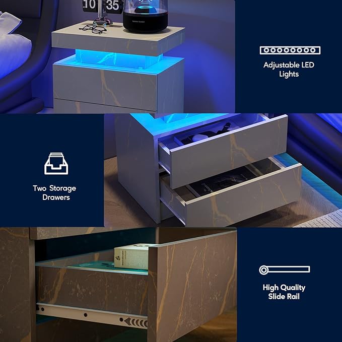 LED Nightstands, Bedside Table with 2 Drawers, Side Table with Changing RGB Light & Remote, Modern Bedroom Furniture, Grey Marble Pattern