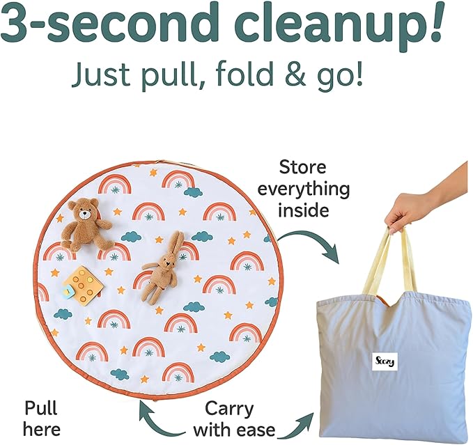 Baby Play Mat & Toy Storage Bag – 2-in-1 Foldable Activity Floor Mat and Organizer for Infants and Toddlers – Soft, Non-Toxic & Portable – Nordic Rainbow Design by Scozy