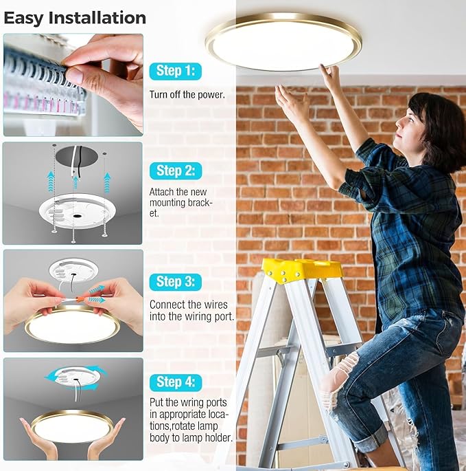 zemty 6Pack LED Ceiling Light Fixture, 6.5-Inch 12W 1200lm Small Flush Mount Light, Adjustable 3000K 4000K 6500K Color Temperatures, Round Flat Recessed Lamp for Kitchen Closet Hallway Laundry, Gold