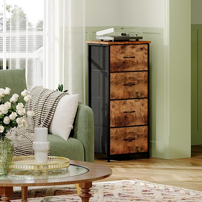 Somdot Tall Dresser for Bedroom with 4 Drawers, Storage Organizer Chest of Drawers with Removable Fabric Bins for Living Room Closet Bedside Nursery Laundry Entryway Hallway, Wood Grain Print