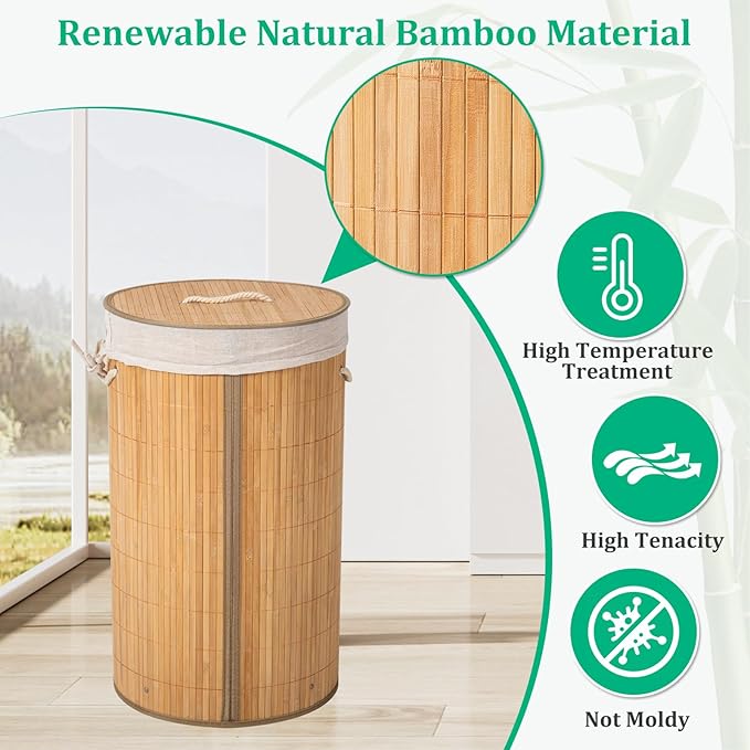 Laundry Hamper with Lid, Bamboo Laundry Basket with Handles & Removable Liner, 12.7 Gal (58L) Foldable Laundry Hamper for Laundry Room, Bedroom, Bathroom, Living Room (Round Brown)