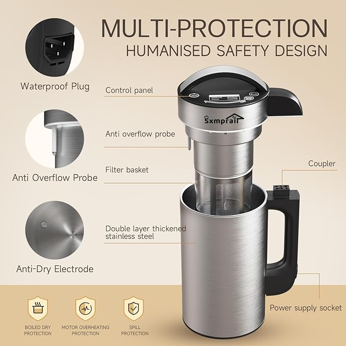 50oz Almond Milk Maker Machine (Built-in Filter) Make Plant Based Milk, Soup & Juice, 6-7 Cups Per Batch, 304 Stainless Steel, 5.3 lb, Automatic Cleaning, 8-IN-1 Nut Milk Maker for Soy & Oat (Silvery)