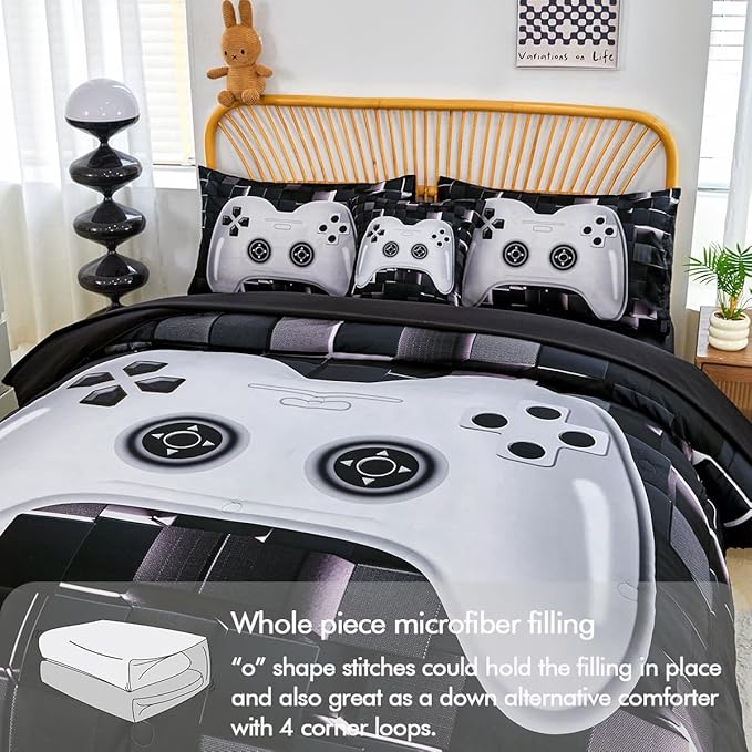 PERFEMET 6 Pcs Kids Bedding Sets for Boys Twin Size Black White Gamer Comforter with Sheet Set Soft Fluffy Gaming Bed Set Lightweight Comfy Game Bed in A Bag for All Season(White, Twin)