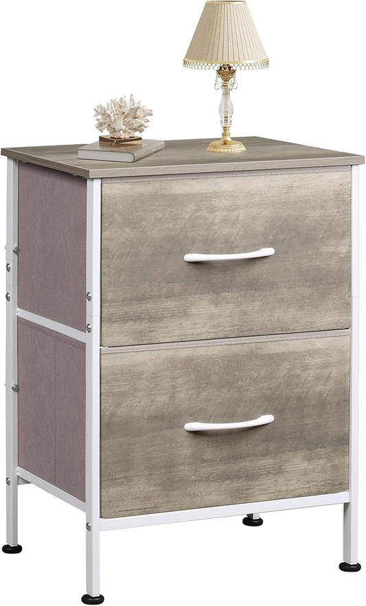 WLIVE Night Stand, Greige Nightstand with 2 Fabric Drawers, Small Dresser for Bedroom, Bedside Table End Table with Storage Drawer, College Dorm, Dormitory, Greige Oak, Size L