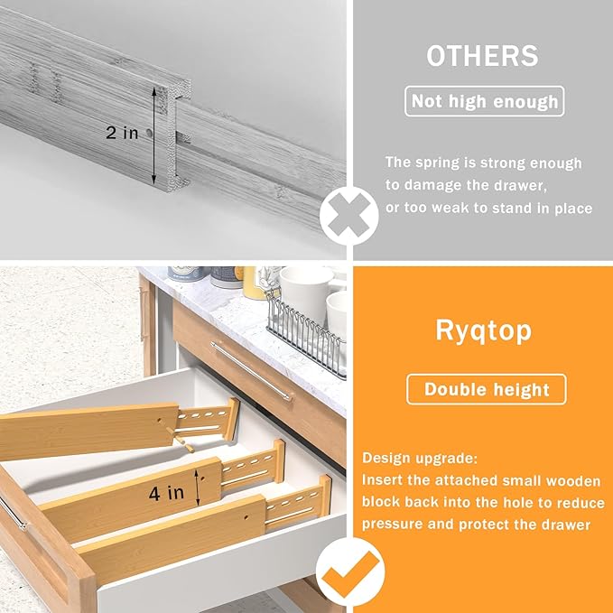 Bamboo Drawer Dividers 4" High, 16.5-22" Adjustable Drawer Organizers for Clothes,Expandable Dresser Separators in Bedroom/Kitchen/Bathroom/Office Organization and Storage,2 Pack