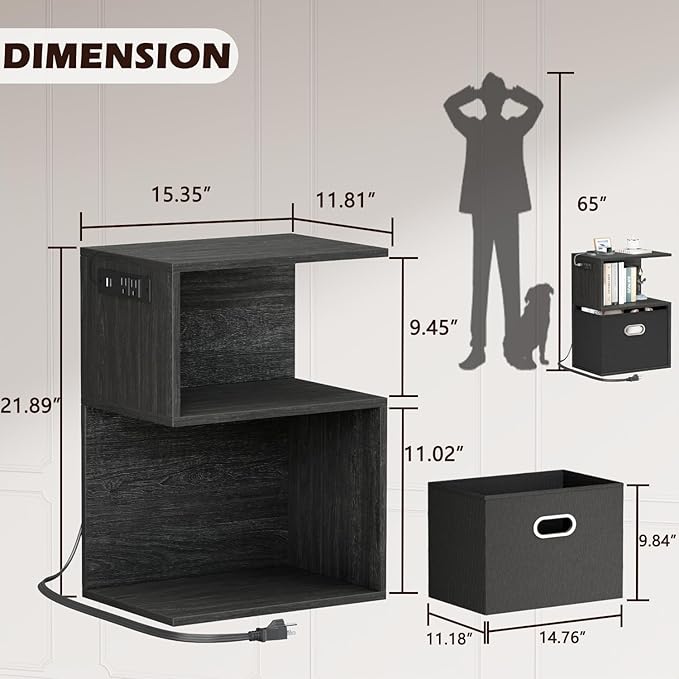 Furologee S Nightstand with Charging Station, 3 Tier Open End Table with Drawer, Wood Bedside Table with Storage for Living Room/Bedroom/Small Space, Black Oak