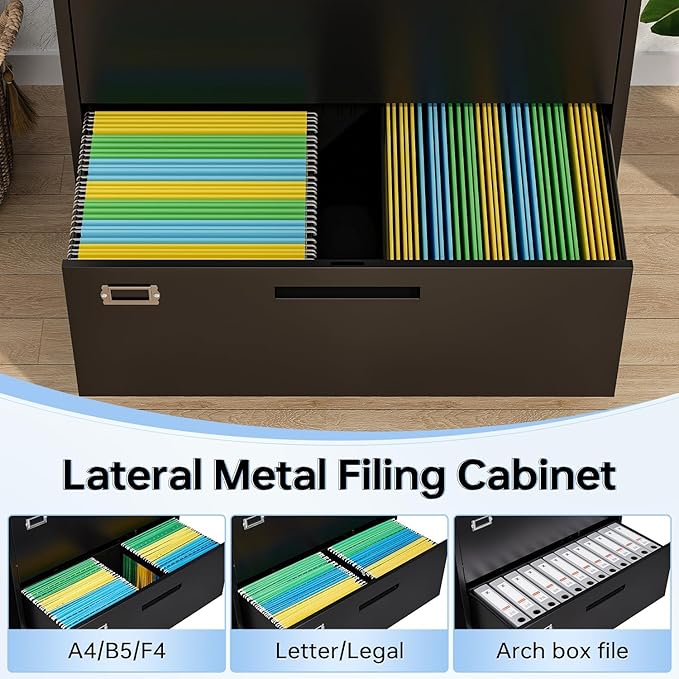 Lateral Filing Cabinet,2 Drawer File Cabinet with Lock,Office Lateral File Cabinets for Legal/Letter A4 Size,Require Assembly, Black