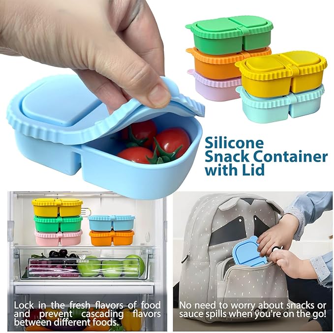 Silicone Reusable Snack Containers with Lids, 2 Compartment 8 oz Food Storage Containers Snackle Condiment Boxes Salad Dressing Sauce Seasoning Small Box for Travel Office Picnic 2 Pack Blue Pink