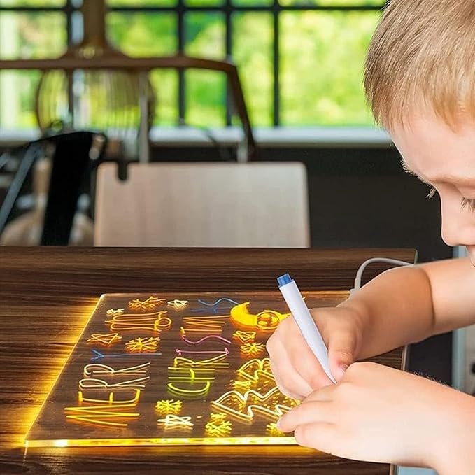 LED Note Board with 7 Colors Pen, Lighted Acrylic Dry Erase Board, 11.8 X 7.9” Glowing Acrylic Message Marker Board, LED Illuminated Drawing Board Light Up Dry Erase Board for Office School Home