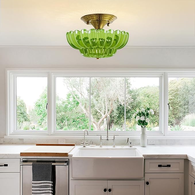 Ceiling Lights Semi Flush Mount Ceiling Light, Modern Gold Ceiling Light with Green Glass,Ceiling Lights Fixture Suitable for Bedroom Dining Room Kitchen Living Room Entryway Hallway