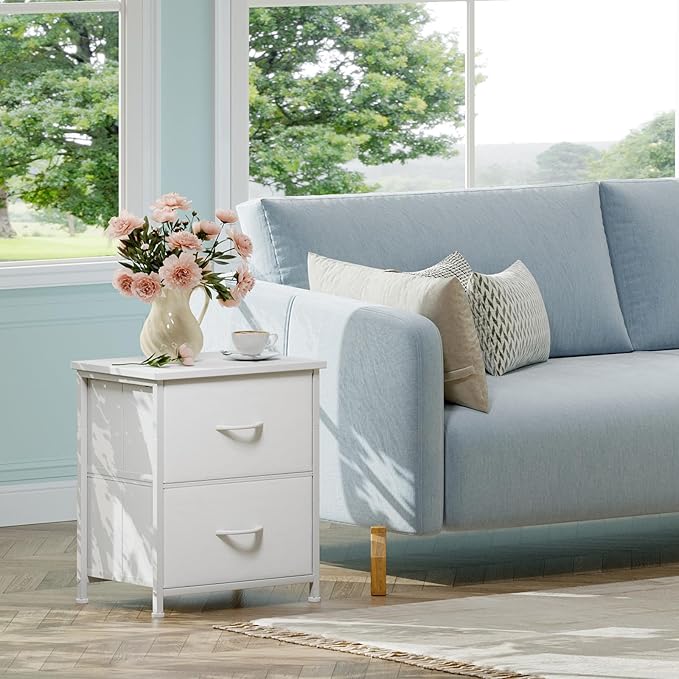 Somdot White Nightstand, Small Dresser for Bedroom with 2 Drawers, Bedside Table Night Stand End Table with Fabric Bins for Bedroom Kids Closet Dorm Guest Room, White Leather