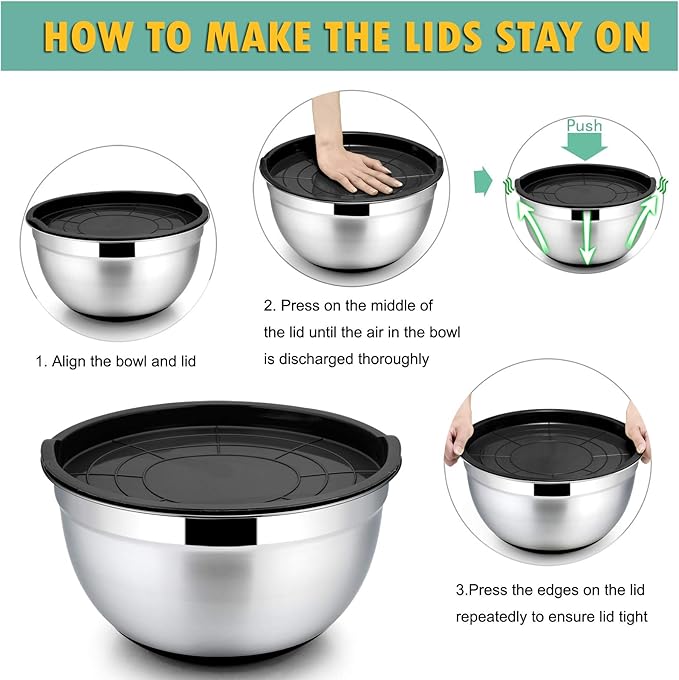P&P CHEF Mixing Bowls with Lids Set of 5, Stainless Steel Nesting Salad Bowl with Lid & Base for Non-slip Mixing Prepping Storing Serving, 5 Sizes-7/3.5/2.5/1.5/1 QT, Black