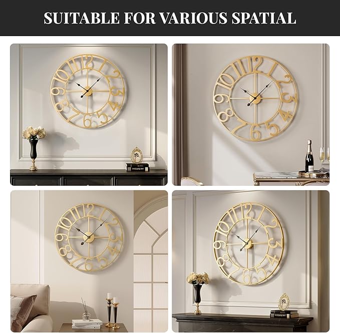 Extra Large Wall Clock 36 Inch Gold Wall Clock Battery Operated, Decorative Gold Clocks Silent Non Ticking for Living Room Kitchen Mantel Decor, Metal Round Modern Clock Arabic Numerals