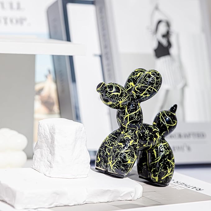 Creative Balloon Dog Statues Small Ceramic Animal Sculpture Modern Home Decor Living Room Desktop Decorations Bedroom Office Cabinet Ornament (Black-C)